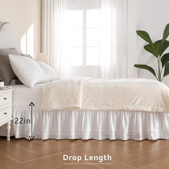 MIYE Wrap Around Ruffled Lace Bed Skirt, Elastic Dust Ruffle with Adjustable Belts, Easy to Put On, Bed Frame Cover, Machine Washable (Embroidered/White, King/Queen-22 Drop)