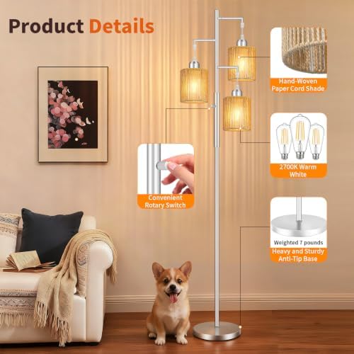 Hotsonic 72" Boho Rattan Tree Floor Lamp, Tall Dimmable Industrial Standing Lamp, Corner Decor Accent Lighting for Living Room, Bedroom, Dining Room, Nursery, Cafe (3 x 800LM Bulbs Included) - Silver - Image 6