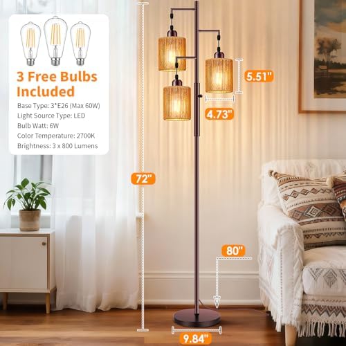 Hotsonic 72" Boho Rattan Tree Floor Lamp, Tall Dimmable Industrial Standing Lamp, Corner Decor Accent Lighting for Living Room, Bedroom, Dining Room, Nursery, Cafe (3 x 800LM Bulbs Included) - Brown - Image 6