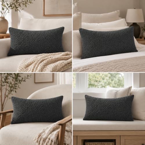 JoraLion 14x24 inch Boucle Lumbar Pillow Cover, Dark Grey Woven Texture Neutral - Image 3