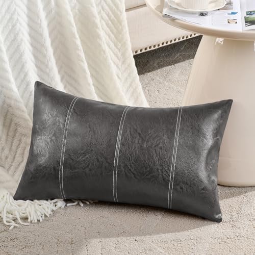 Fancy Homi Dark Gray Lumbar Waterproof Faux Leather Decorative Throw Pillow by Fancy+Homi