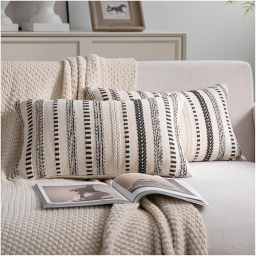 Cethom Black Boho Throw Pillow Covers 12x20 Inch Set of 2, Stripe Textured by Cethom