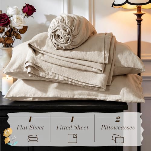 SONORO KATE 100% French Linen Cal King Size Sheets Set, Natural Flax Bedding - Image 7