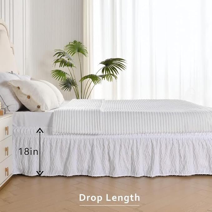 MIYE Wavy Tufted Bed Skirt - Wrap Around Dust Ruffle with Elastic Belts - 18 Inch Drop Easy to Put On - Bedskirt Machine Washable ＆ Wrinkle Resistant(Wavy/White, King/Queen-18 Drop)