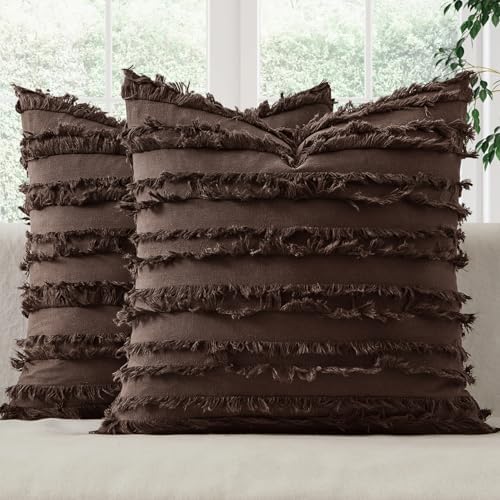MIULEE Boho Linen Striped Throw Pillow Covers 18x18, Dark Brown by MIULEE