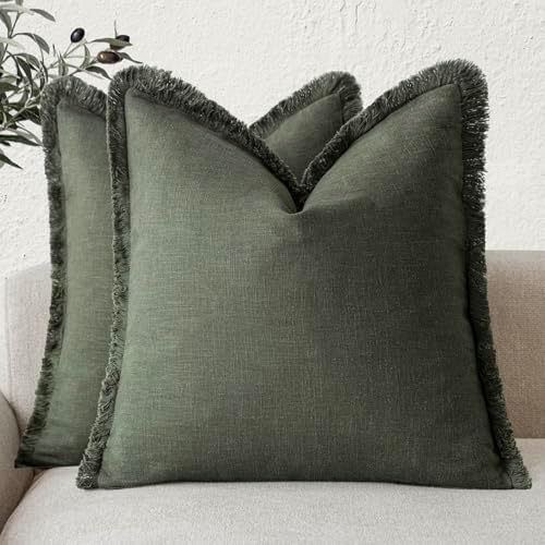 Foindtower Decorative Linen Fringe Throw Pillow Covers 20×20 Dark Green by Foindtower