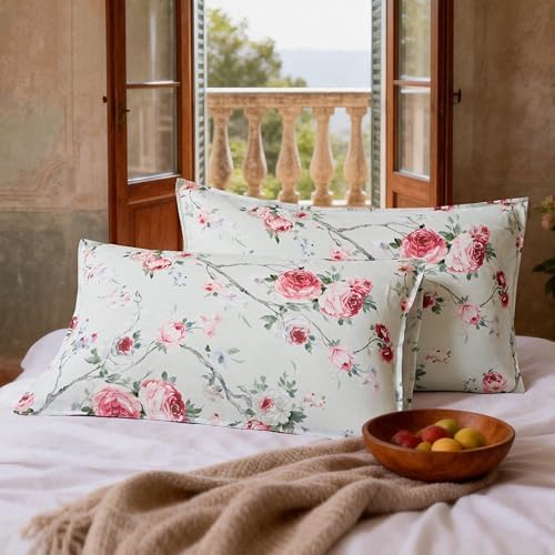 CHUFFED 100% French Linen Pillow Cases Pink Rose Print, Farmhouse Floral Stone - Image 3