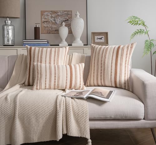 Cethom Brown Boho Throw Pillow Covers 18x18 Inch Set of 2, Stripe Textured - Image 3