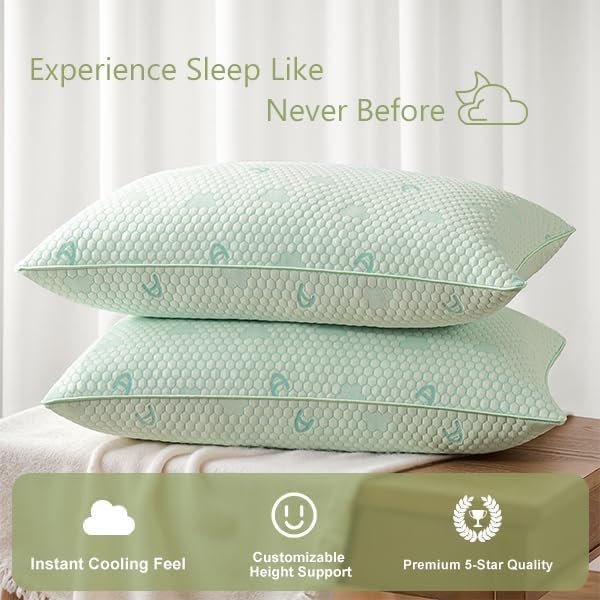 ACCURATEX Cooling Memory Foam Pillows for Sleeping King Size Set of 2, Adjustable Fluffy Pillows with Removable Cover, Cool Bed Pillow for Side Back Stomach Sleepers, Machine Washable, Green