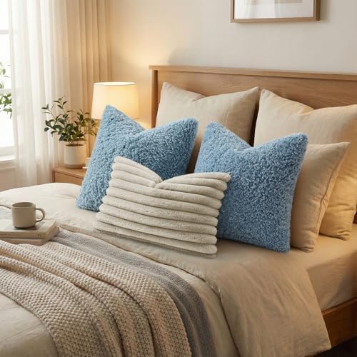 decorUhome Sherpa Decorative Throw Pillow Covers 26x26 Set of 2 Light Blue - Image 7