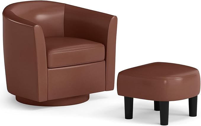Giantex Swivel Small Accent Chair with Ottoman, Modern Faux Leather Barrel Club Chair w/Footrest, Removable Seat Cushion, Swivel Single Sofa Arm Chair for Living Room, Bedroom, Office (Brown)