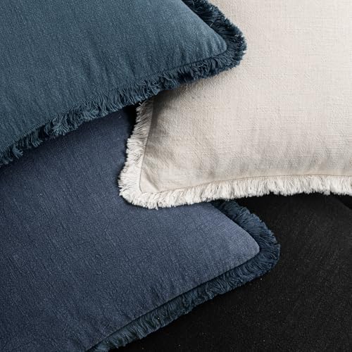 MIULEE Fall Linen Fringe Pillow Covers Set of 4 18x18 Beige/Coastal Blue - Image 6