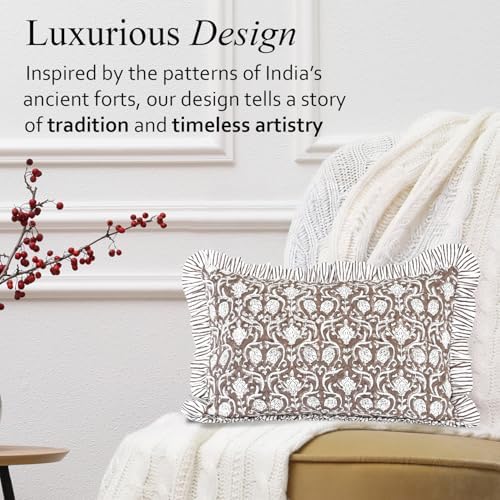 CPC Block Print Mocha Regal Ruffle Cotton Lumbar Pillow Cover 12x20 inch - Image 6