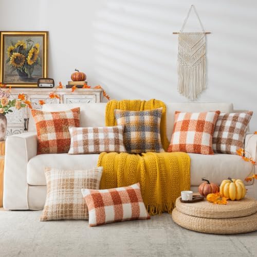 AQOTHES Plaid Fall Throw Pillow Covers Orange 18x18 Inch Set of 2 - Image 2