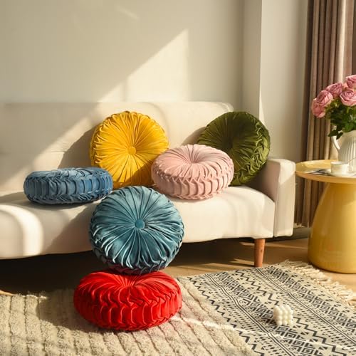 HIG Set of 2 Teal Velvet Decorative Round Pleated Throw Pillows - Image 6