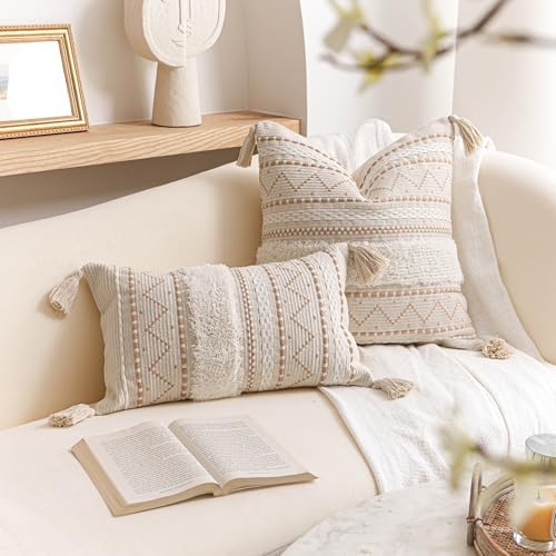 BlissBlush 12x20 Lumbar Pillow Cover, Cream Neutral Beige Rectangular - Image 3