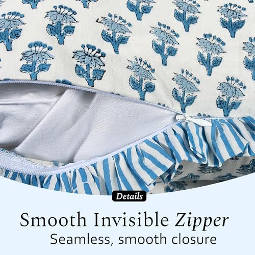 CPC Block Print Apatite Blue Ruffle Cotton Lumbar Pillow Cover 20x54 inch - Image 3