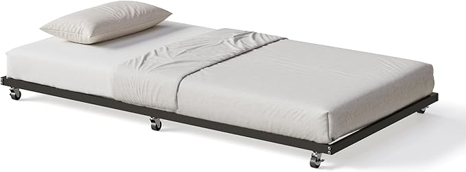 GarveeHome Twin Size Metal Roll Out Trundle Bed Frame with Wheels and Slats Support, Black