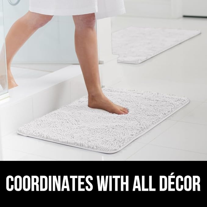 GORILLA GRIP Bathroom Rug Sets 3 Piece, Bath Mat Set and Oval Toilet Base with Rubber Backing, Plush Absorbent Shaggy Chenille Washable Mats, Includes 24x19.5, 24x17 and 30x20 Inch Rugs, White