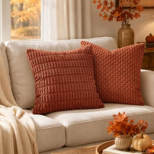 MIULEE Fall Corduroy Decorative Throw Pillow Covers 12x12 Rust Pack of 2 - Image 2