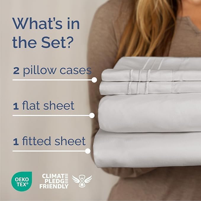 Twin XL 4 Piece Sheet Set - Cooling & Breathable - Hotel Luxury Bedding, Includes Fitted Sheet for Women, Men, Kids and Teens - 1 Flat, 1 Fitted Sheet, 2 Pillowcases with Deep Pockets - French Grey