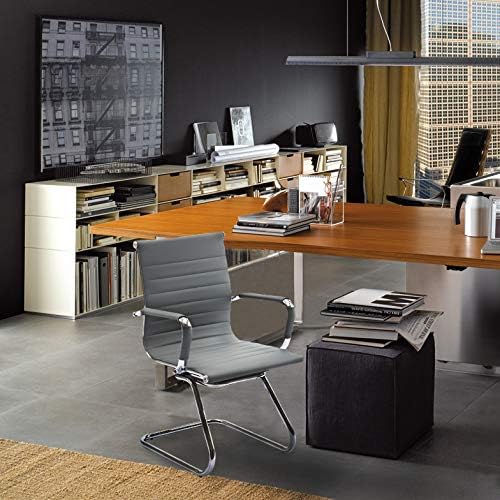 Wahson Office Guest Chairs Set of 6, Leather Reception Chairs, Mid Back Waiting Room Chair, Conference Chairs with Sled Base, Desk Chair No Wheels for Meeting/Lobby/Restroom, Grey