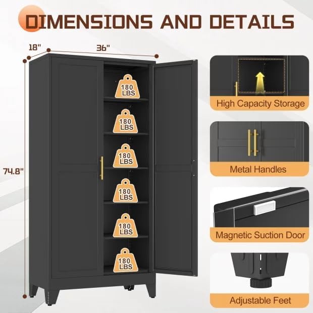75" Metal Kitchen Pantry Cabinet,Black Storage Cabinet with Doors and 5 Adjustable Shelves, Cabinet with 2 Metal Handles,Tall Cabinet for Livingroom,Pantry, Bathroom,Kitchen