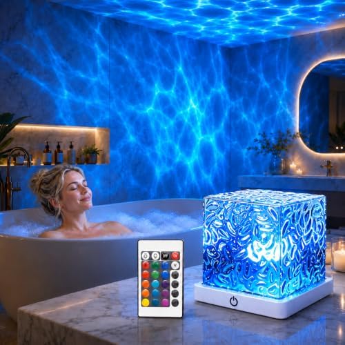 Rechargeable Ocean Wave Projector Light, 16 Color Changeable & Dimmable Shower Lamp with Remote, Cube Mood Ambient Lighting, Ocean Room Decor, Cordless Night Light for Bathroom, Room Decor by Silanit