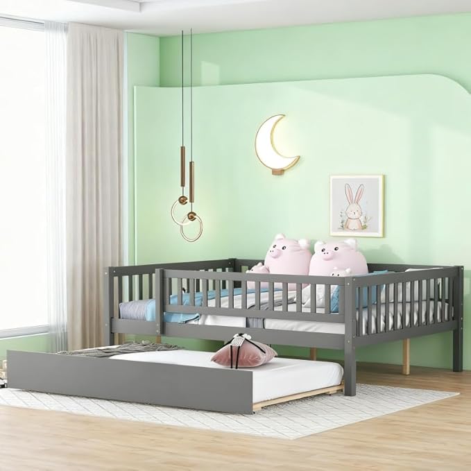 Bellemave Full Size Bed Frames with Rails for Kids, Full daybed Frame with Trundle for Boys/Girls/Adults， Gray