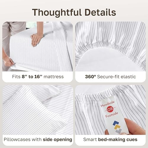 California Design Den 100% Cotton Sateen Full-Size Sheets, Pinstripe Print - Image 5
