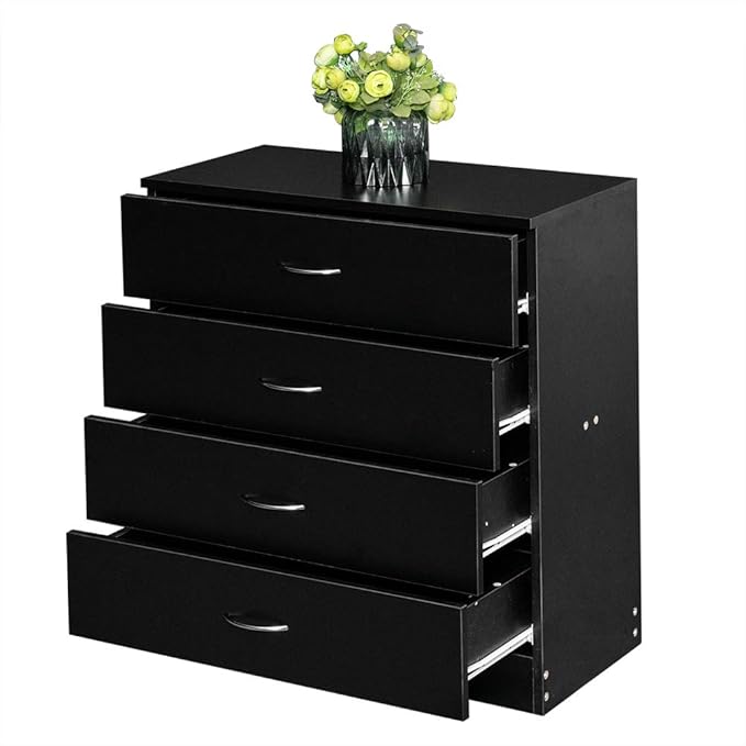 Karl home Black 4 Drawer Dresser for Bedroom, Modern Nightstand Storage Chest of Drawer, Wooden Side Table End Table, Living Room, Reception Room