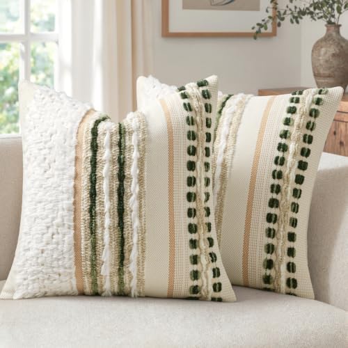 ANRODUO Boho Decorative Throw Pillow Covers Plush Green 18x18 Pack of 2 by ANRODUO