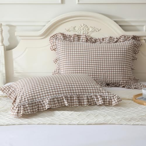 Mywinlle Taupe/White Plaid Gingham Ruffle Pillow Covers Queen Size 20"x30" by Mywinlle