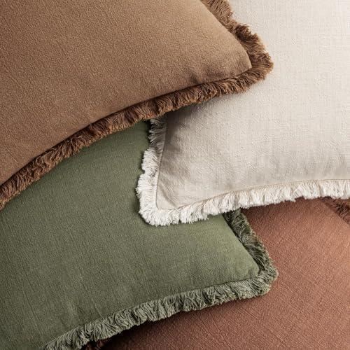 MIULEE Fall Linen Fringe Pillow Covers Set of 4 22x22 Beige/Brown/Green - Image 6