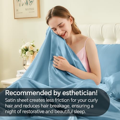 BEDELITE Satin Sheets Full Size Bed Set, Airy Blue, 4 Pieces - Image 4