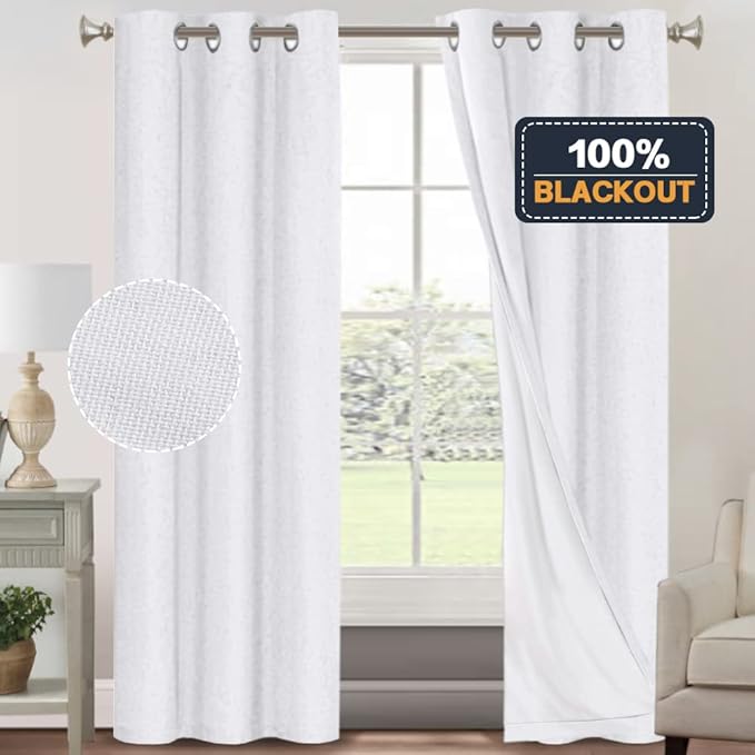 PrinceDeco Blackout Curtains 84 inch Length 2 Panels Set 100% Blackout Curtains for Bedroom Living Room Linen Textured Curtains with White Liner Grommet Room Darkening Curtains, Pure White,W42 X L84