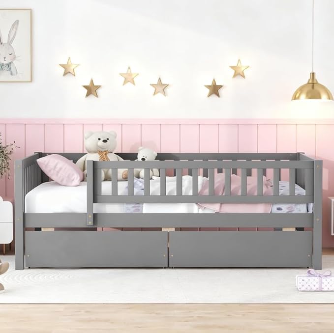 Bellemave Twin Bed Frames with Rails for Kids, Twin daybed Frame with Drawers for Boys/Girls/Adults，Gray