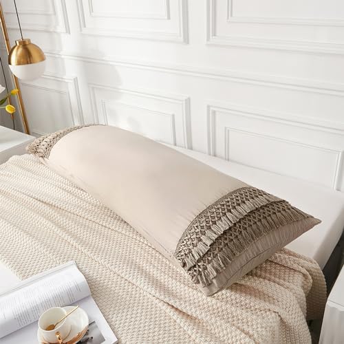 MOVE OVER Taupe Body Pillow Cover Macrame Tassel Long Pillow Cover 20x54 Body by MOVEOVER