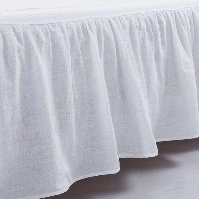 MEADOW PARK Washed French Linen Bed Skirt, Dust Ruffl, Twin Size 39" W x 75" L, Drop 16", Super Soft, Ruffle Style, White Color