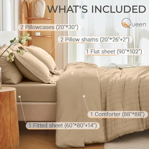 MUXHOMO 7 Pieces Queen Comforter Set, Seersucker Bed in a Bag Queen Size - Image 4