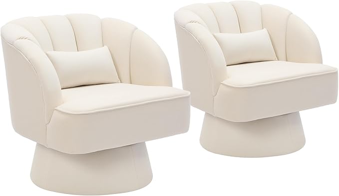 GarveeHome Modern Swivel Barrel Accent Chair, 360 Degree Velvet Upholstered Armchair with Striped Backrest & Plush Padding, Comfy Round Lounge Chair for Living Room, Bedroom, Reading Nook, Beige 2 PCS