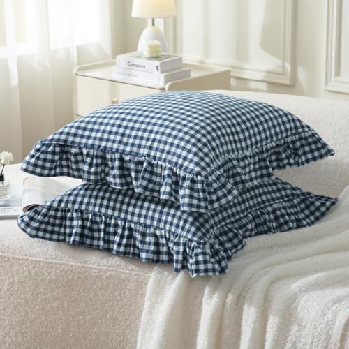 Silnuo Navy Blue/White Gingham Plaid Ruffle Throw Pillow Covers 20"x20" - Image 3