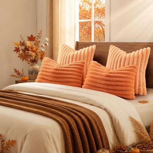 decorUhome Fall Faux Fur Throw Pillow Covers 26x26 Set of 2 Light Orange - Image 6