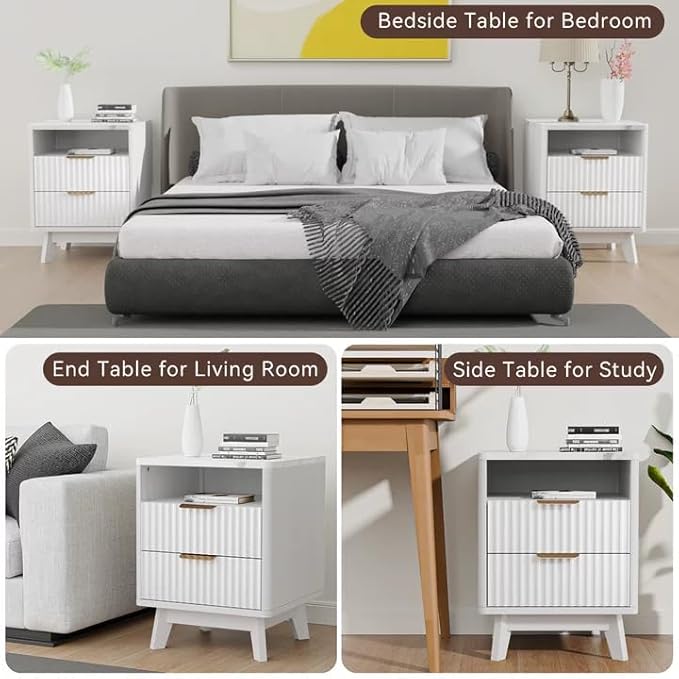 White Nightstand Set of 2, 18" Modern Night Stand with Faux Marble Top, Open Storage Shelf, Curved Edge Bedside Table for Bedroom, End Side Table