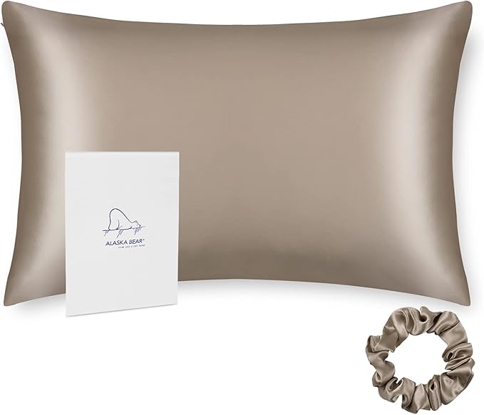 ALASKA BEAR Natural Silk Pillowcase, Hypoallergenic, 19 Momme, 600 Thread Count 100 Percent Mulberry Silk, King (1pc, Taupe Tan)