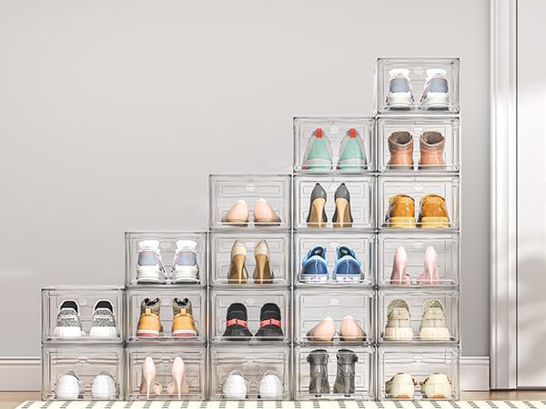 Upgrade Harder Solid Plastic Shoe Organizer, Shoe Storage with Magnetic Front Door, Shoe Rack 6 Pack Shoe Boxes Clear, Sneaker Storage, Shoe Organizer for Closet, Shoe Display Case, White