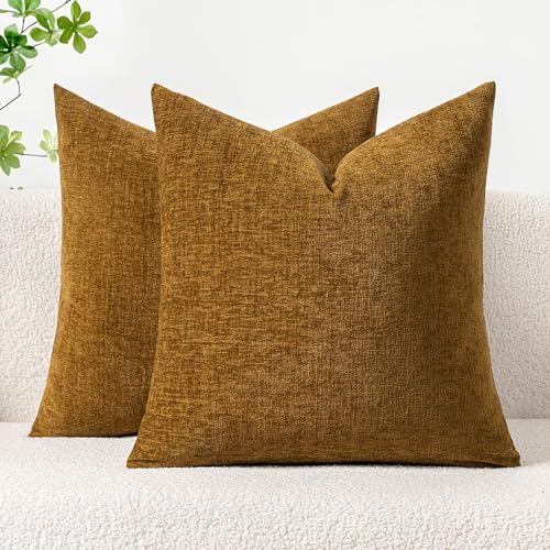 MIULEE Soft Chenille Throw Pillow Covers Mustard 18x18 Inch Pack of 2 by MIULEE