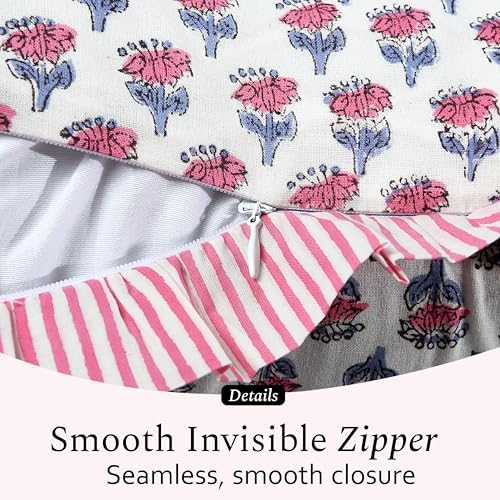 CPC Block Print Pink Sapphire Ruffle Cotton Lumbar Pillow Cover 14x36 inch - Image 3