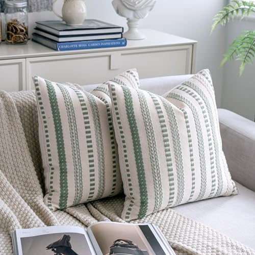 Cethom Sage Green Boho Throw Pillow Covers 20x20 Inch Set of 2, Stripe Textured - Image 2