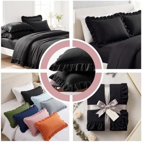 Set of 2 Brushed Microfiber Ruffle Pillow Cases King Size Black - Image 4